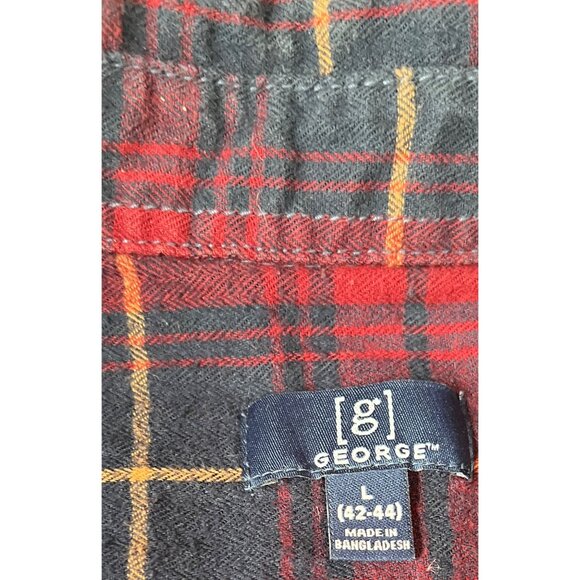 George Mens L Flannel Shirt Plaid Burgundy & Blue 100% Cotton Long Sleeve - Picture 6 of 6